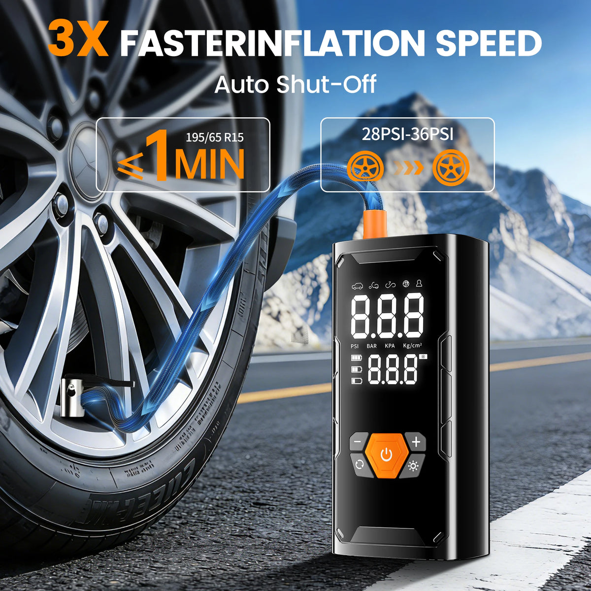 3X Faster 150PSI Cordless Tire Inflator Portable Car Air Compressor Pump with Digital Gauge, LED Light for Car Motorcycle Bike
