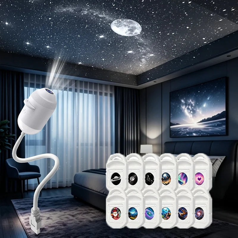 2in1 USB Galaxy Projector Night Light Starry Sky Lamp with Interchangeable HD Slides for Bedroom Kids Ceiling Decor Gift ﻿